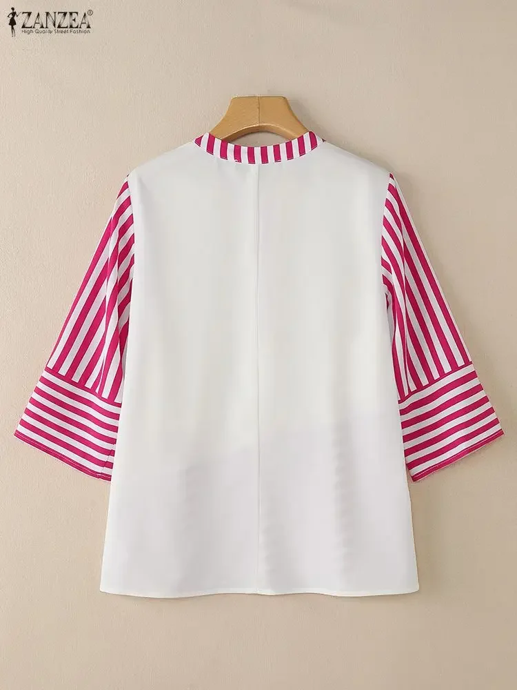 2025 elegante decote em v camisa de escritório zanzea feminino verão retalhos blusa listra blusas casuais 3/4 manga botões até topos oversize