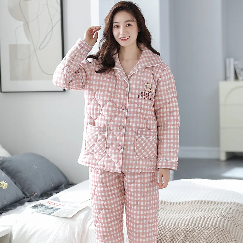 

Pajamas Women Winter Warm Suits Cotton-Padded Three-Layer Quilted Plaid Thickened Lapel Cardigan Warm Jacket Home Service