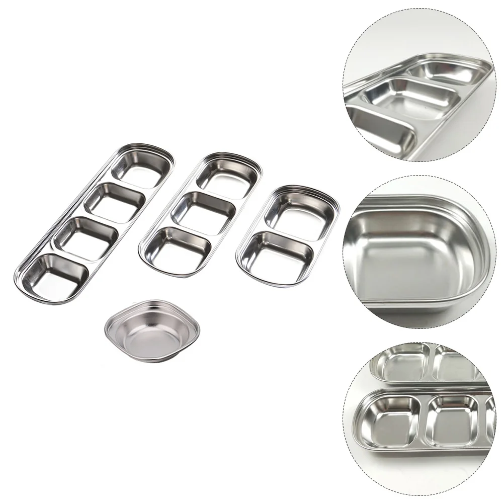 

4 Pcs Platters Compartment Dip Plate Dipping Dish Divided Seasoning Ketchup Home Silver