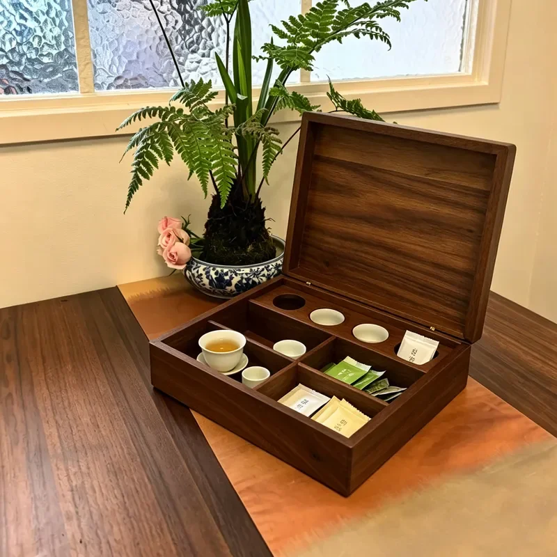 Solid Wood Walnut Flip Top Coffee Tea Bag Storage Box Hotel Homestay Pantry Organizer Capsule Holder Kitchen Countertop