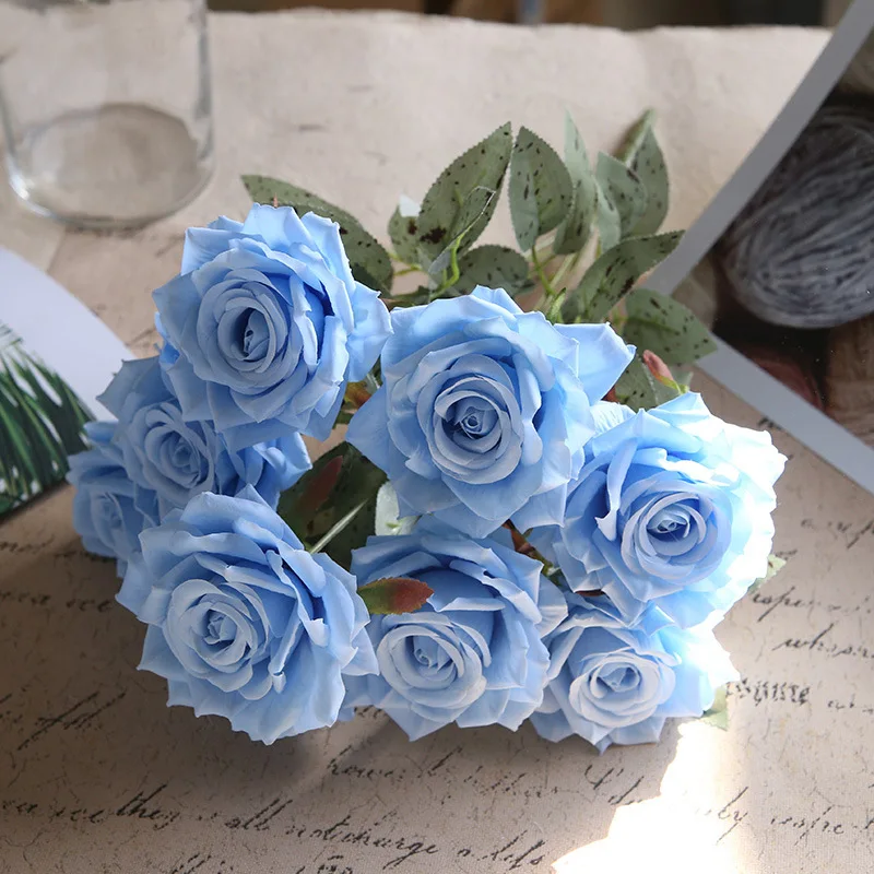 Neuer künstlicher Rosenstrauß mit 9 Köpfen für Hochzeit, Valentinstag, Geschenkdekoration, künstliche Seidenblume für Zuhause, Wohnzimmer, Blumenmuster – Detail 5