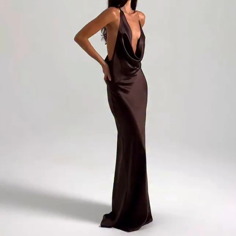 Fashion Hot Girl Solid Color Slim Dress Elegant Lady Backless Satin Party Long Dresses Sexy Swinging Collar Halter Evening Dress