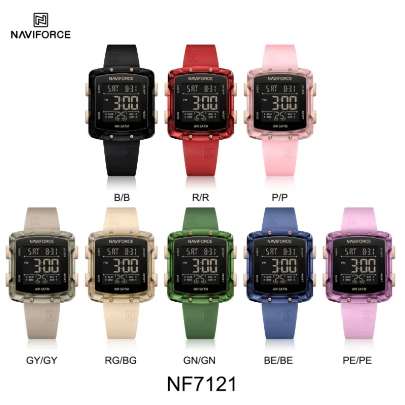 NAVIFORCE 7121 ساعات رقمية للنساء بتقويم مقاوم للماء وحزام سيليكون كاجوال للسيدات