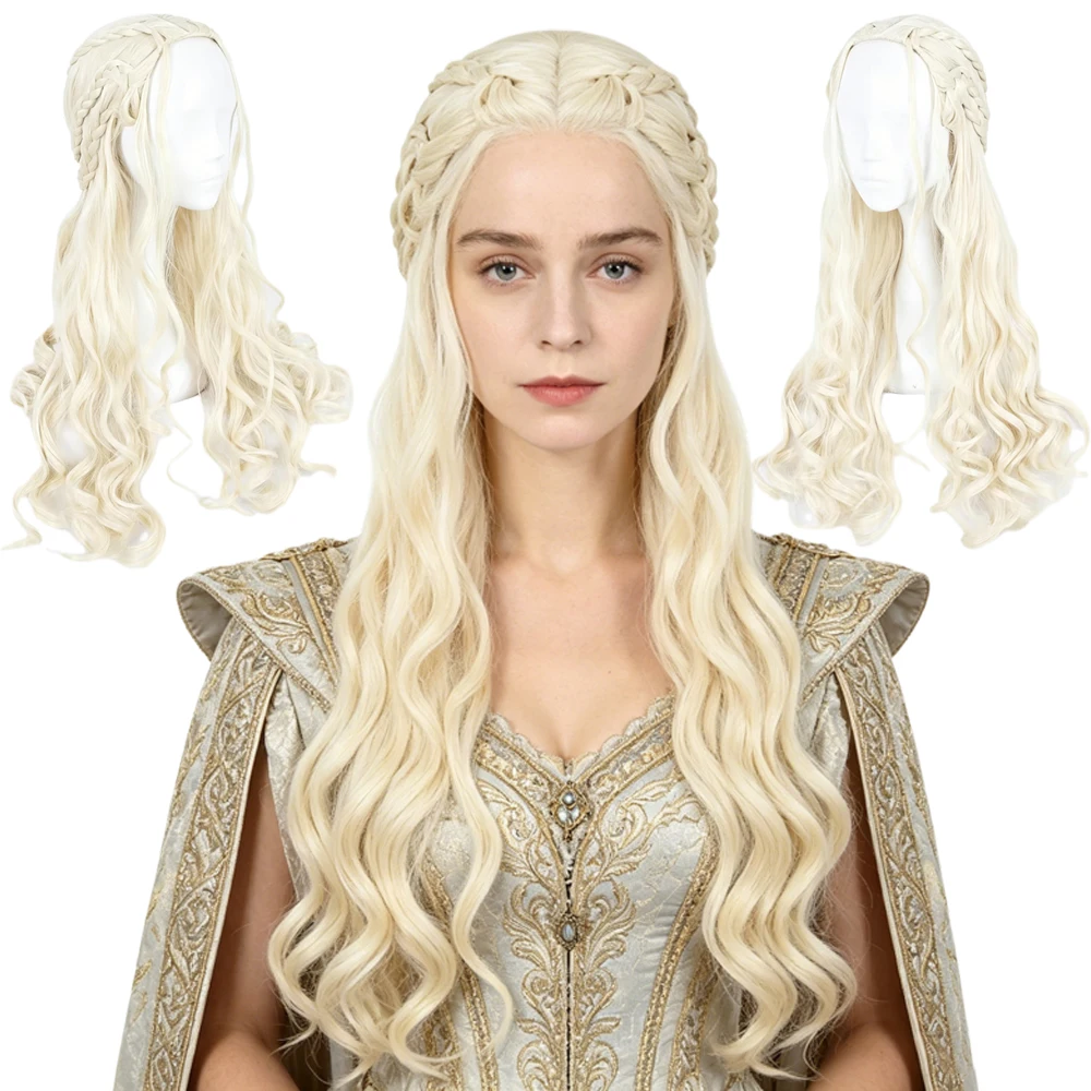 Game of Thrones Daenerys Targaryen Wig Platinum Blonde Long Curly Braid Style High Temperature Fiber Full Head Wig for Women