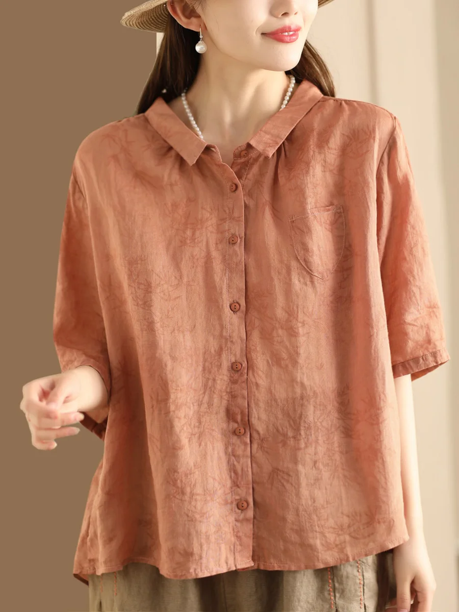 

Летний топ из льна с ретро-принтом, с воротником, тонкий, свободного кроя, средней длины, для женщин, для сада, отдыха и повседневной носки