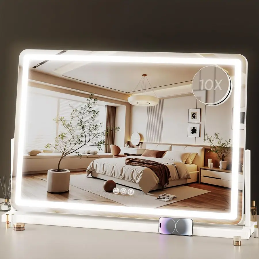

Mirror with Lights, 33x23 Hollywood Lighted Makeup Mirror for Tabletop amp Bedroom 3 Color Lighting Modes Smart Touch Control 36