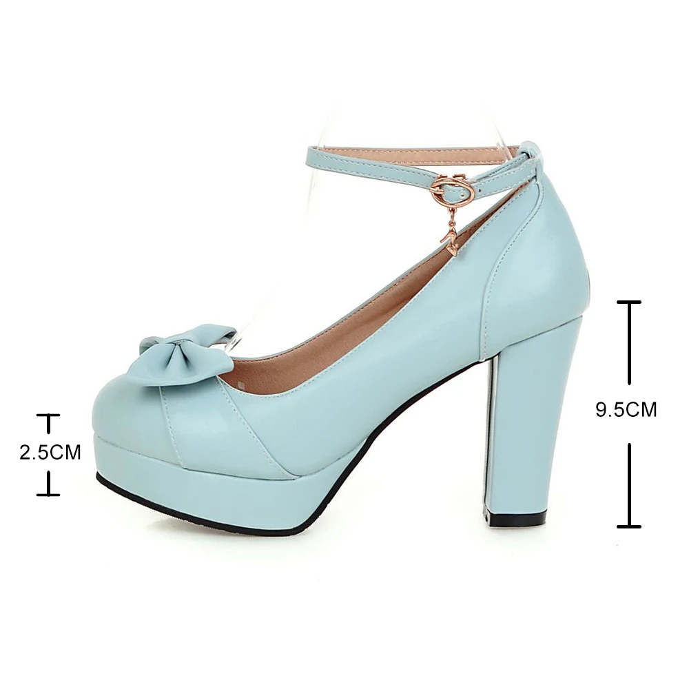 Big Size 41 Women Sweet Bow Heels Female Ankle strap High Heel Shoes Platform Bottom White Pink Pumps Woman Dress Wedding Shoes