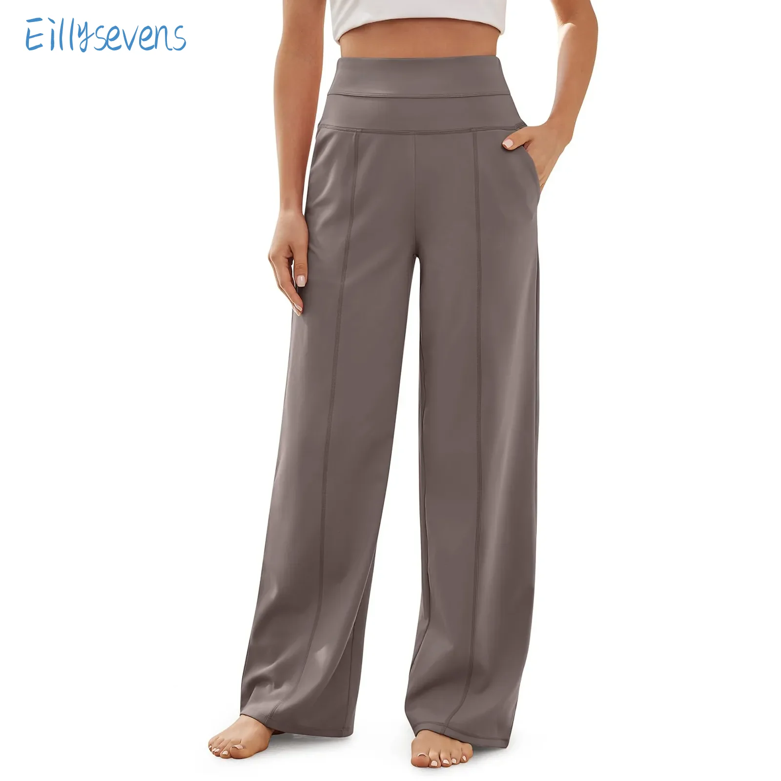 

Wide Leg Sports Pants Women High Waist Stretch Straight Pants Solid Color Broad Leg Dance Yoga Comfy Trousers With Pockets