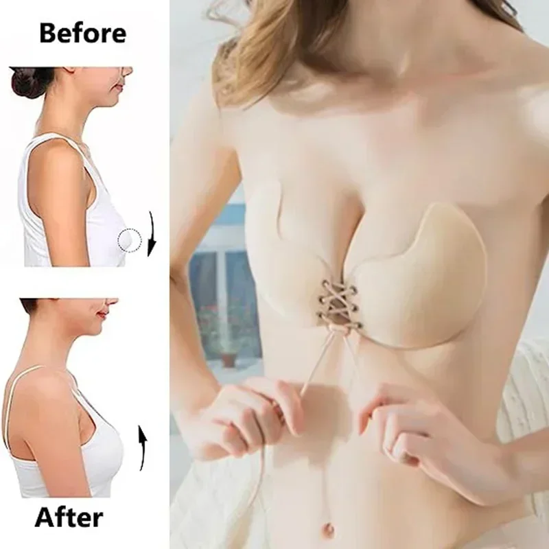 Invisible Push Up Bra Backless Strapless Bra Women\'s Seamless Front Closure Bralette Underwear Self-Adhesive Silicone Sticky