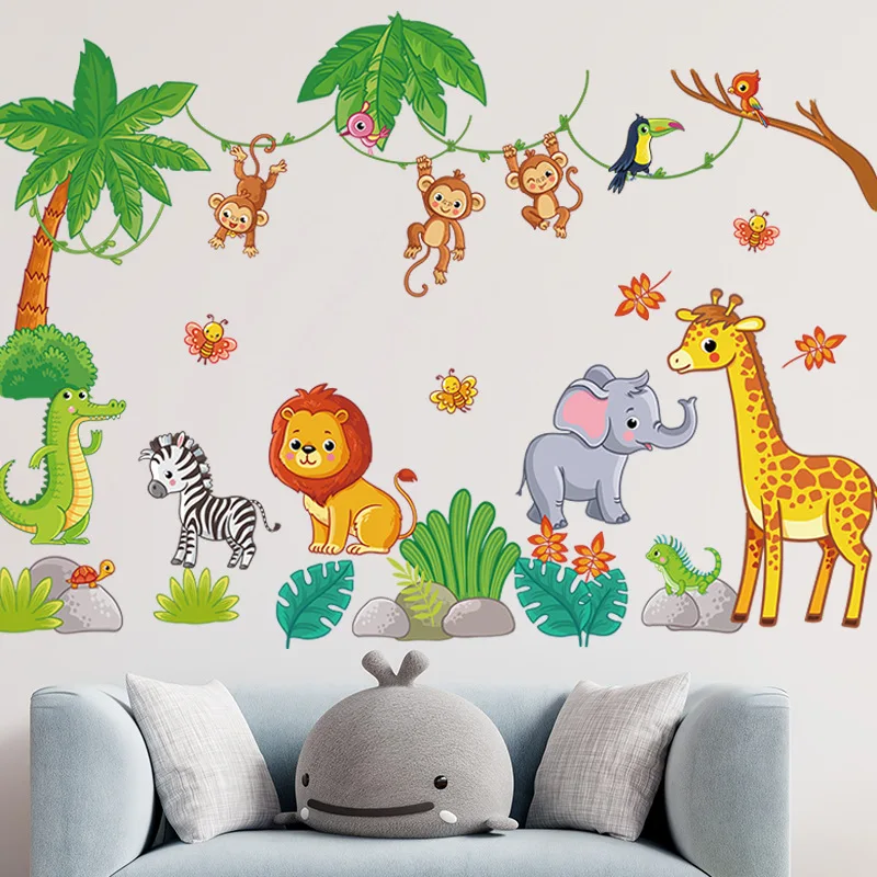 Large Cute Forest Animals Wall Stickers for Children Boys Girls Baby Room Decoration Elephant Giraffe Monkey Butterfly Wallpaper