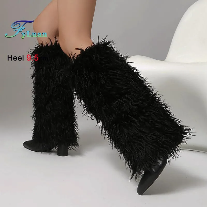

Fashion Black Women's High Heels Knee Length Boots Party Nightclub Shoes Feather Tall Boots Autumn Winter Long Boots Size 35-46