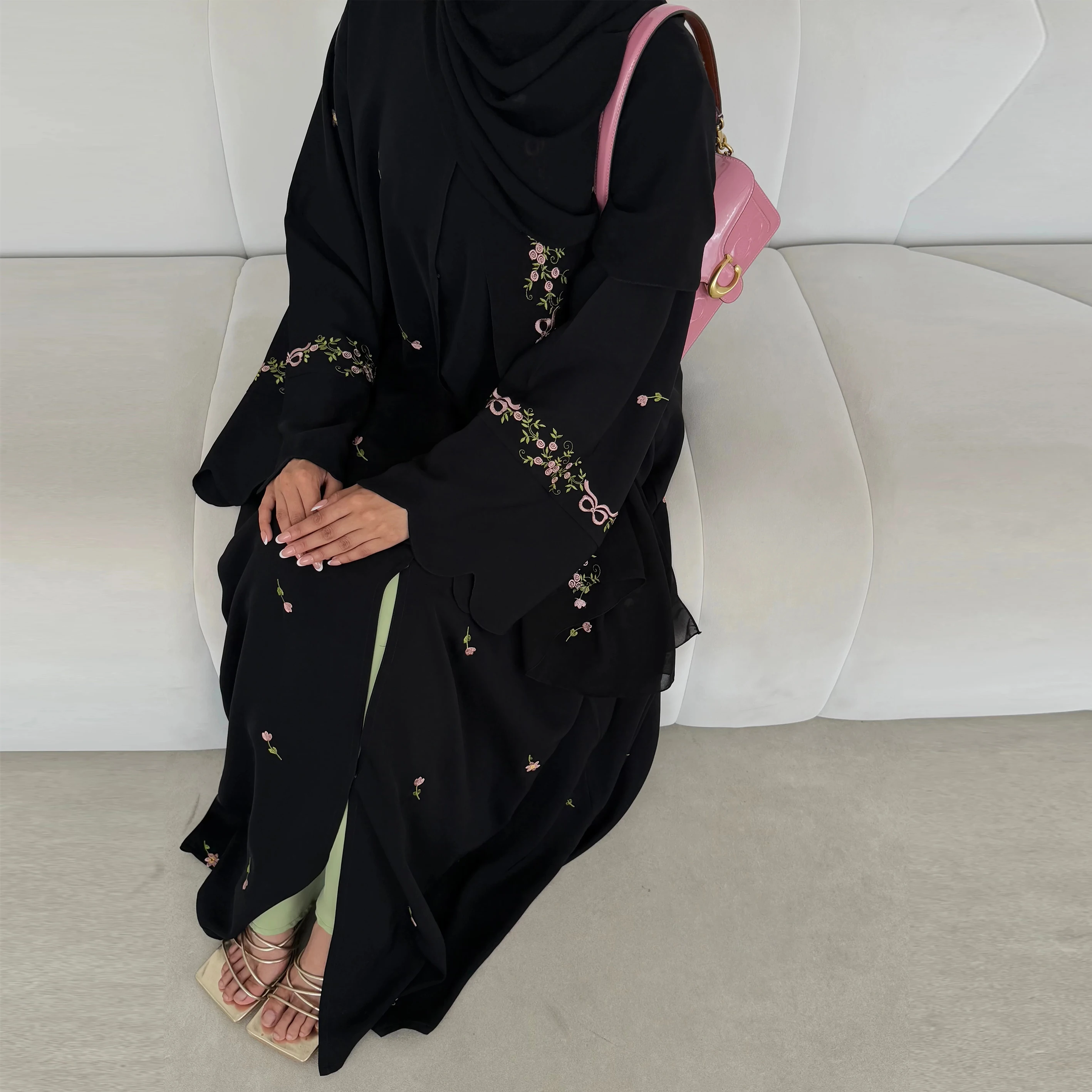 

Ramadan Muslim Dress Women Flower Embroidery Kimono Cardigan Dubai Abaya Eid Islam Jalabiya Party Dress Kebaya Caftan Femme Robe