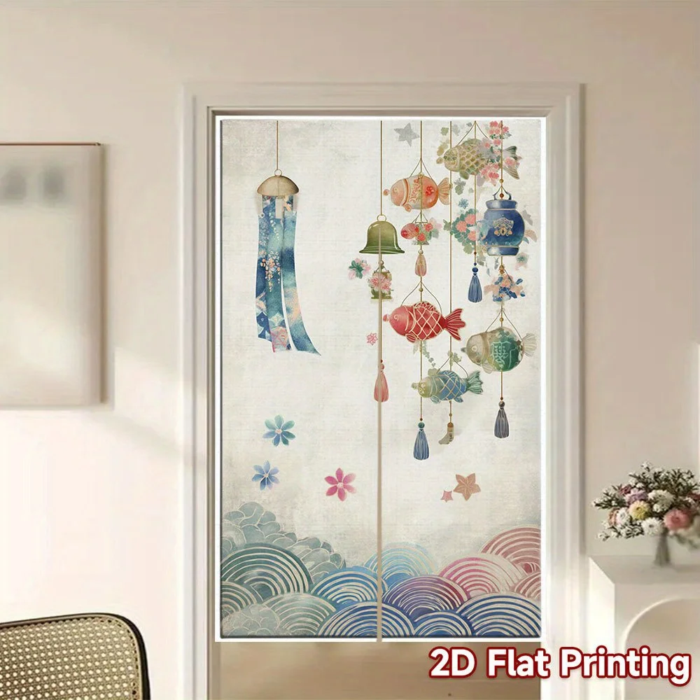 Vintage Japanese Festival Noren Curtain, Colorful Fish Wind Chime & Lantern Design, Traditional Oriental Home Decor Partition