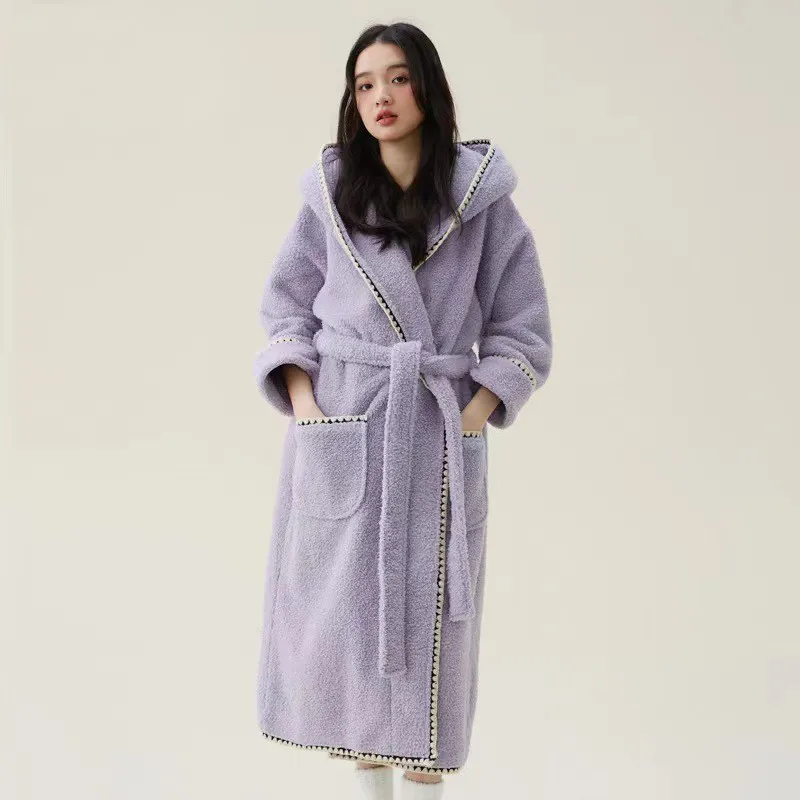 Women Extra Long Warm Flannel Hooded Bathrobe Female 2024 Winter New Coral Fleece Bath Robe Cozy Dressing Gown Spa Sleepwear