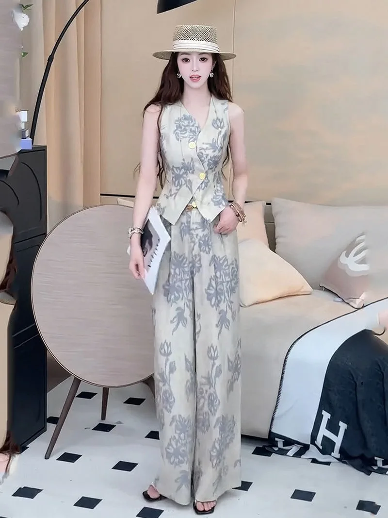 New Vintage Printed Summer Women's Suit Fashion Design Sense Sleeveless Slim V-neck Vest Top + High Waisted Pants Two Piece Set