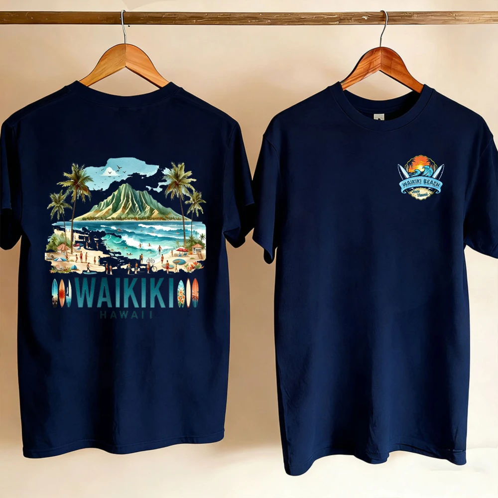 Waikiki Hawaii Diamond Head Tropical Beach Graphic Tee Vintage Surfboard Palm Tree Art Short Sleeve Crewneck Casual Vacation