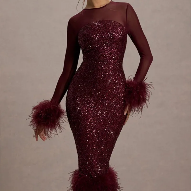 

Fashion Sequines Evening Dresses Casual O Neck Mesh Long Sleeve Slim Patchwork Feather Dress 2026 Party Club Lady Robe Vestidos