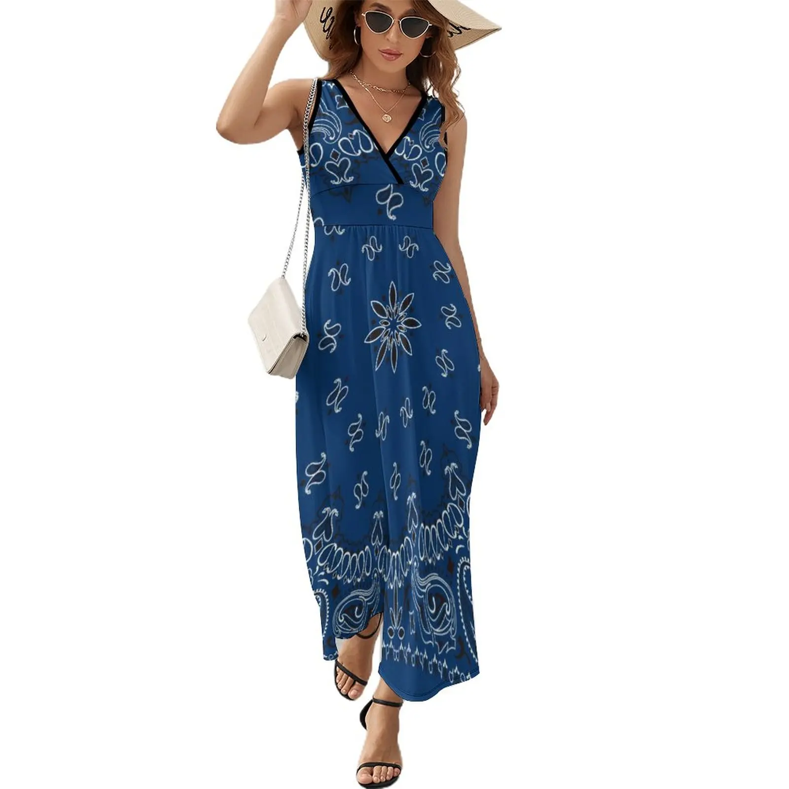 

Blue Paisley Bandana Dress Spring Street Fashion Boho Beach Long Dresses Women High Waist Printed Club Maxi Dress