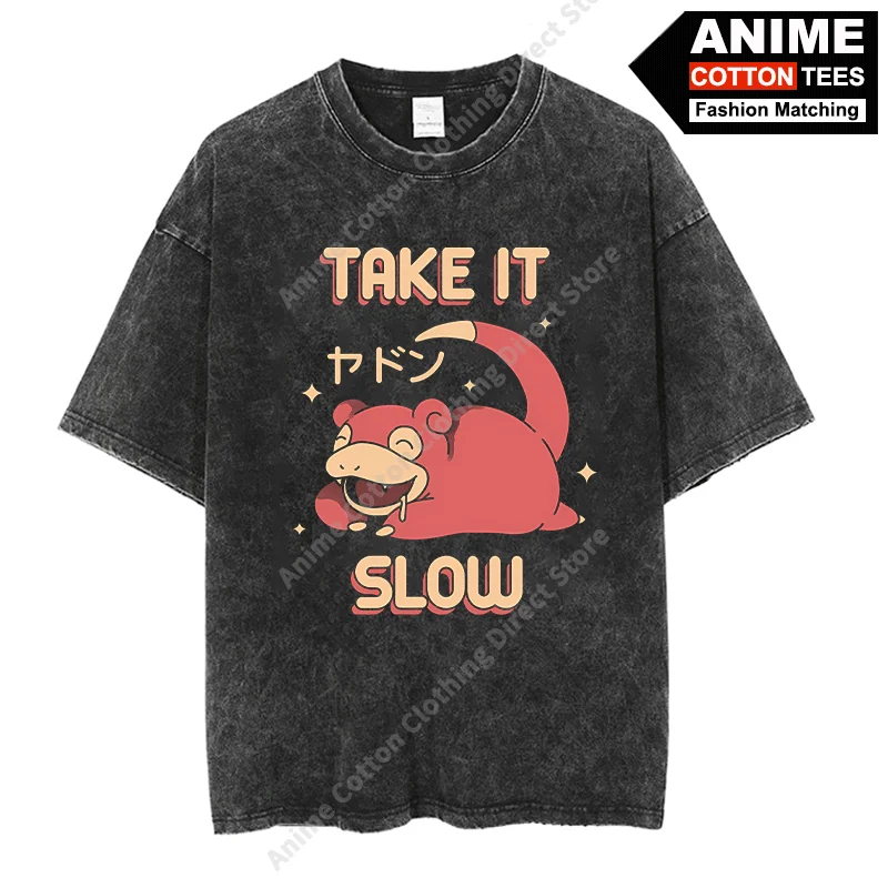 'TAKE IT SLOW' Slowpoke Print T Shirt Cartoon Pocket Monster Peripheral Clothing Top Cotton Washed Vintage Unisex Oversized Tees