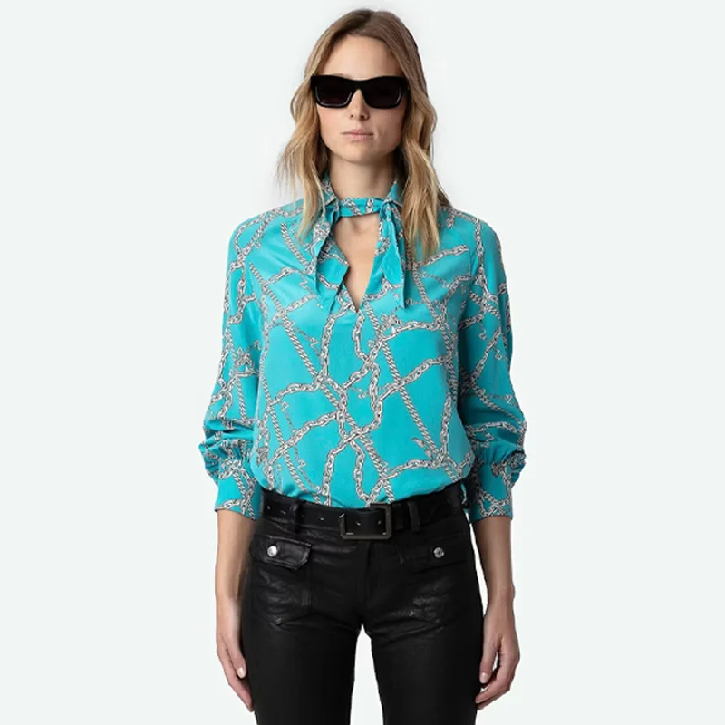 Zadig Silk Blouse Female Elegant Chain Printed Shirts Ladies Casual Detachable Bow Tie Blouse Women Lapel Shirts Lantern Sleeve