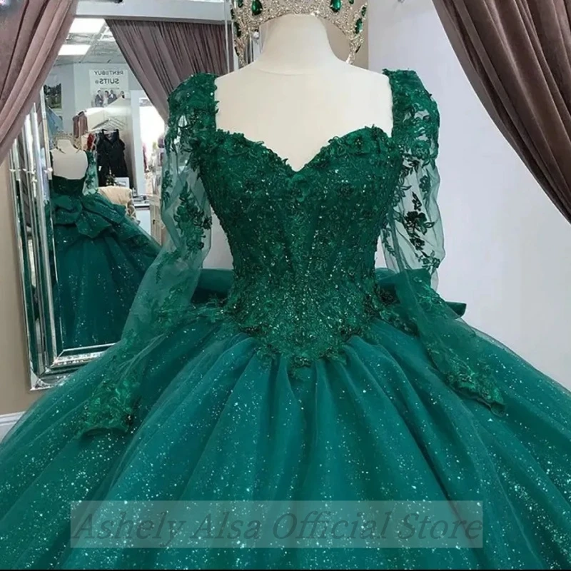 Custom Made Emerald Green Long Sleeve Quinceanera Dress Ball Gown Lace Sweet 16 15 Prom Birthday Party Wear Vestidos De XV Anos