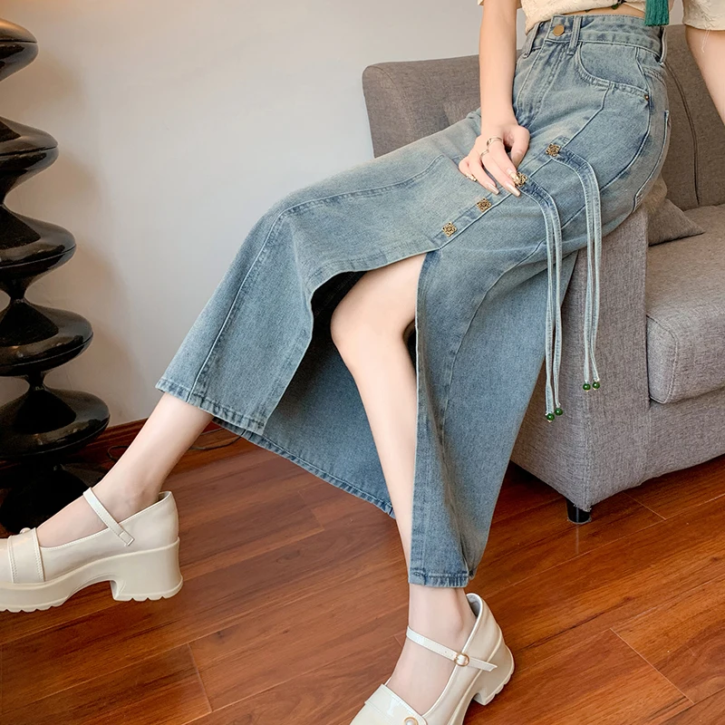 

Fashionable Slimming 2024 Early Spring New Retro New Chinese Design Light Color Denim Skirt Versatile High Waist Skirt