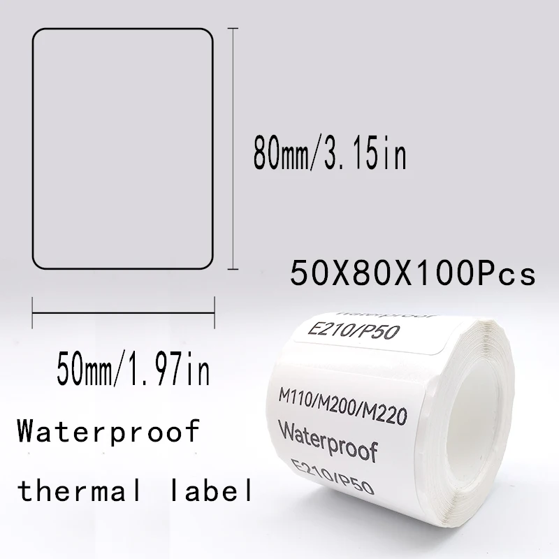 Fita impermeável etiqueta branca, etiqueta etiqueta etiqueta para E210, impressora M110, M220, 5PK, E210, P50, 50x80mm, 100pcs por rolo