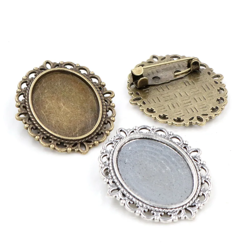 5pcs 18x25mm Inner Size Antique Silver Plated and Bronze Brooch Pin Classic Style Cameo Cabochon Base Setting Tray