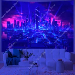 Psychedelic Neon City Skyscrapers UV Reactive Tapestry Wall Hanging for Gothic Room Decor Aesthetic Hippie Wall Ceiling Decor