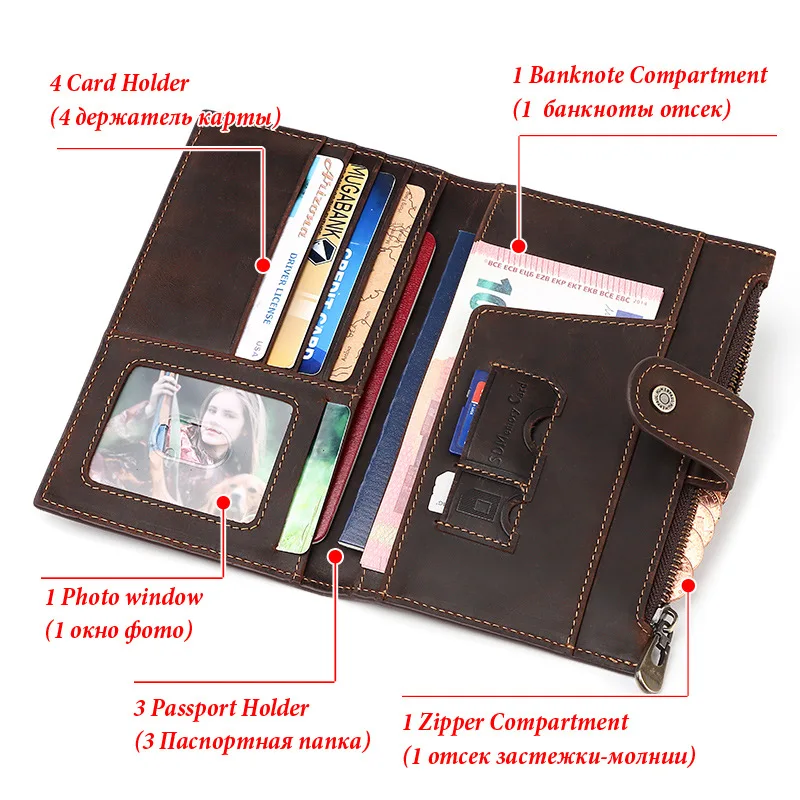 Vintage Crazy Horse Leather Passport Holder Long Wallet Multi-Function Travel Organizer Ticket Pocket Clutch Purse