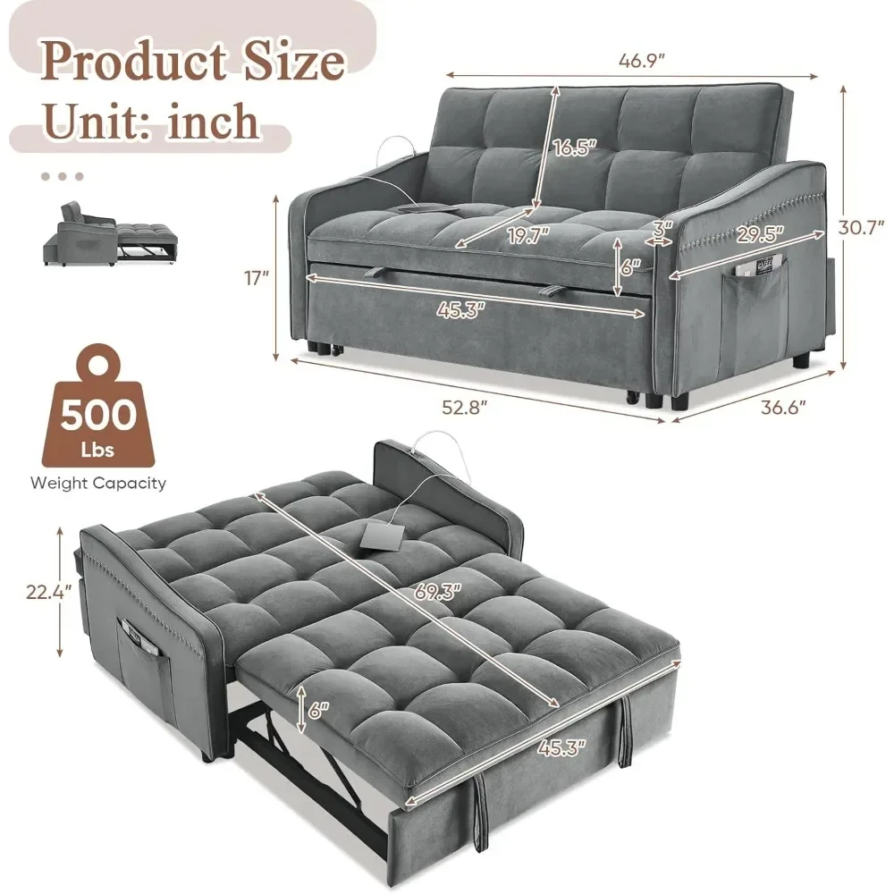 3 in 1 Sleeper Sofa Couch Bed with USB & Type C Port, 52