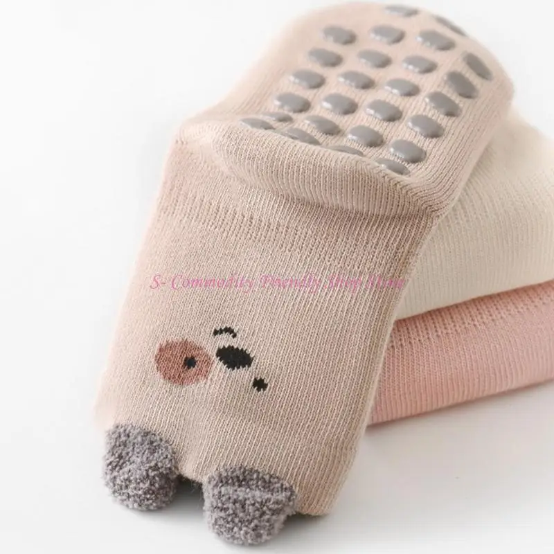 85AE Breathable Baby Walking Socks Grip Bottom Combed Cotton Elastic Ankle Fall Themed Pattern Machine Washable Design