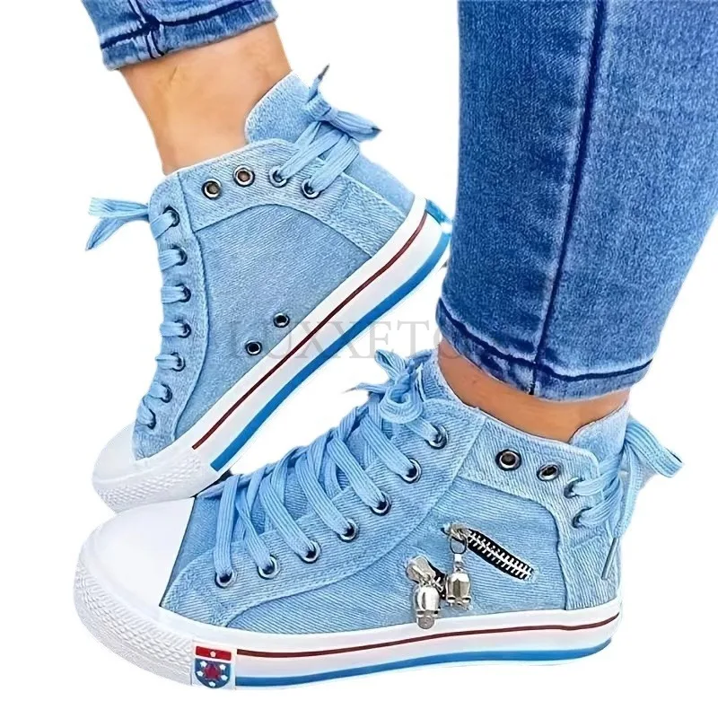 Women New Denim Flat-heel Round Toe Lace-up Skull Metal Decoration High-top Comfortable Fashion Classic Platform Casual Sneakers