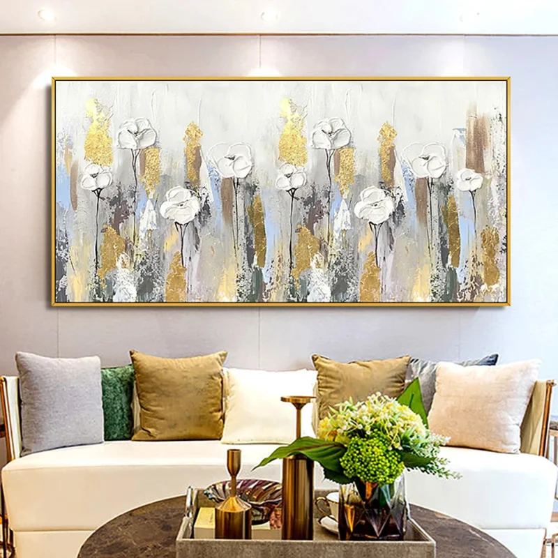 Abstract White 3D flower with gold foil handmade oil painting, abstract golden wall art, hand painted, sailboat oil painting