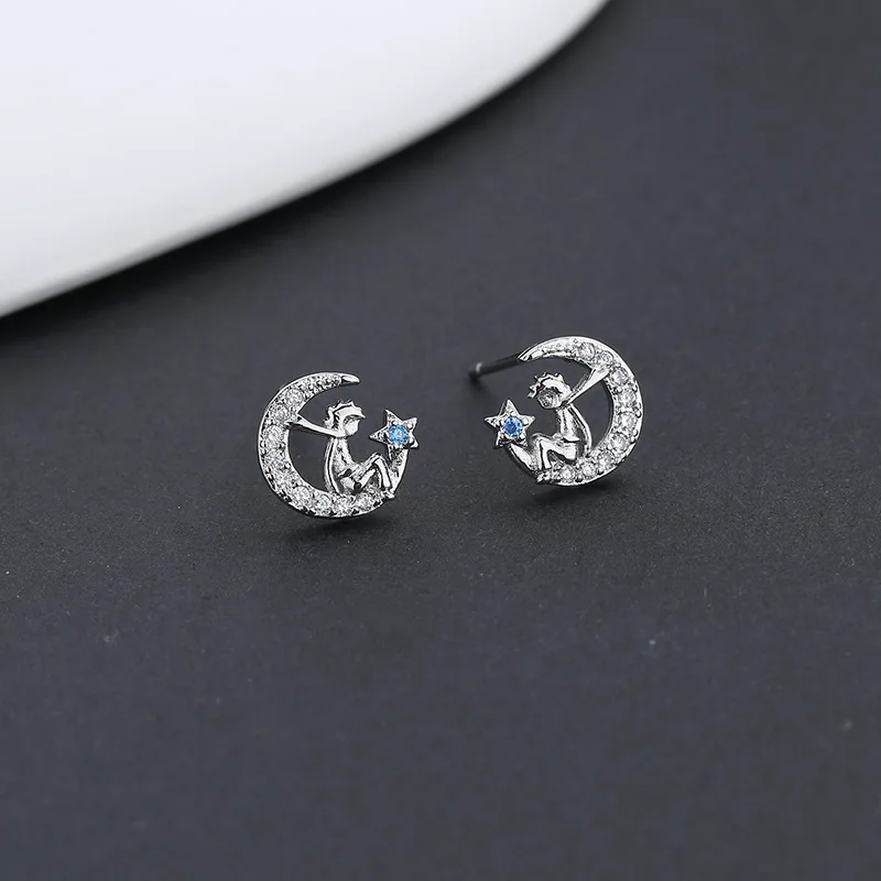 VOQ Silver Color Blue Zircon Petite Moon Little Prince Stud Earrings for Women Princess Wedding Jewelry Gift