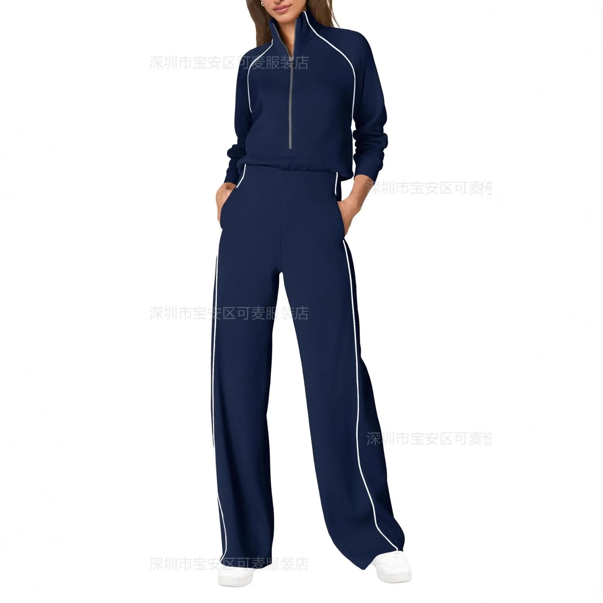 Women's And For Woman Sporty Contrast Color Elastic Waist Regular Sleeve Straight Leg Medium Weight Wrinkle Free Jumpsuit