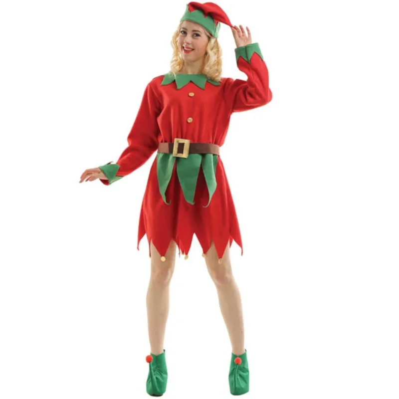 Elfo di natale costumi Cosplay abbigliamento per la famiglia per adulti cappello scarpe copertura Set completo giochi di ruolo per bambini vestito capodanno festa di carnevale di natale