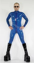 Latex Fetish Full Cover Catsuit blu trasparente con cerniera sul cavallo anteriore tuta in gomma in lattice senza stivali senza calzini Gummi 0.4mm