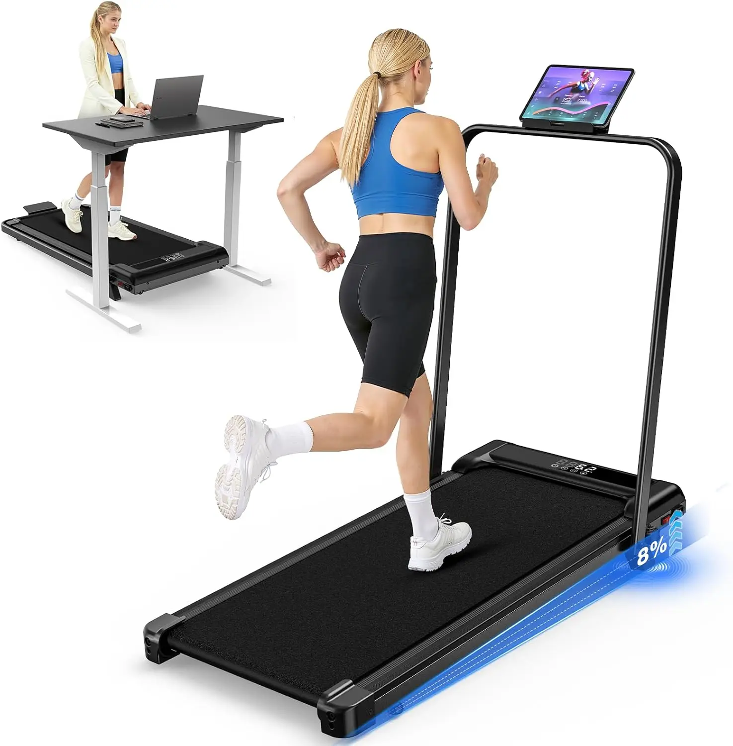 Under Desk Treadmill with Handle Bars - 3.5HP Portable Foldable Walking Pad, Ultra Quiet ≤40dB, 330LB Capacity, Wide Running Belt, LED Display & Remote Control for Home Office Use