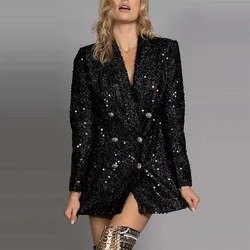 Women Sequin Double-Breasted Commuting Office Suit Jacket New Autumn Winter Slim Long Top Sexy Female V Neck Party Shiny Outwear