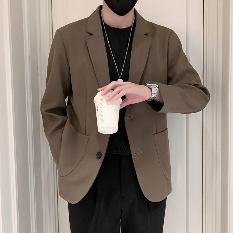 

Новый весенний мужской деловой костюм-пиджак Slim Fit кофейного цвета, модный брендовый пиджак-стойка с длинным рукавом из полиэстера