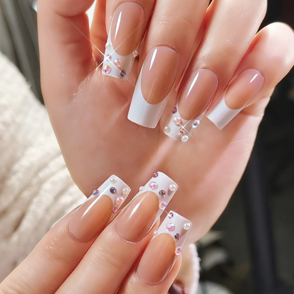 

24PCS Square Shape Press on Nails with Simple Nude White Color Pearl Press on Nails French Tips Design High End False Nails Uñas