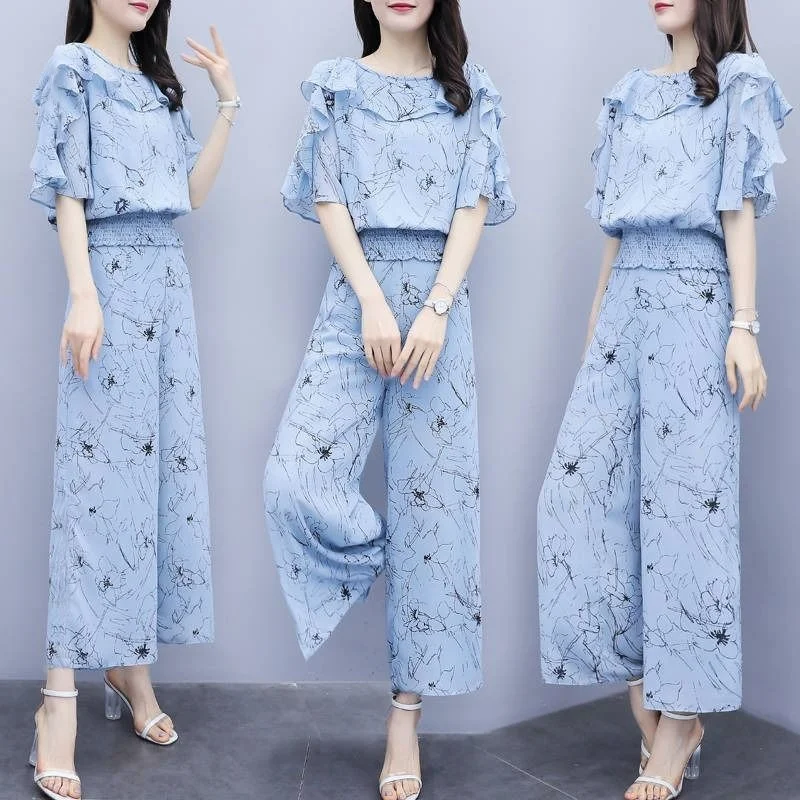 

Women's Chiffon Wide Leg Pants Suit 2023 Summer New Fashion Slim Corp Tops Ankle-Length Trousers Two Piece Set For Women Clothes