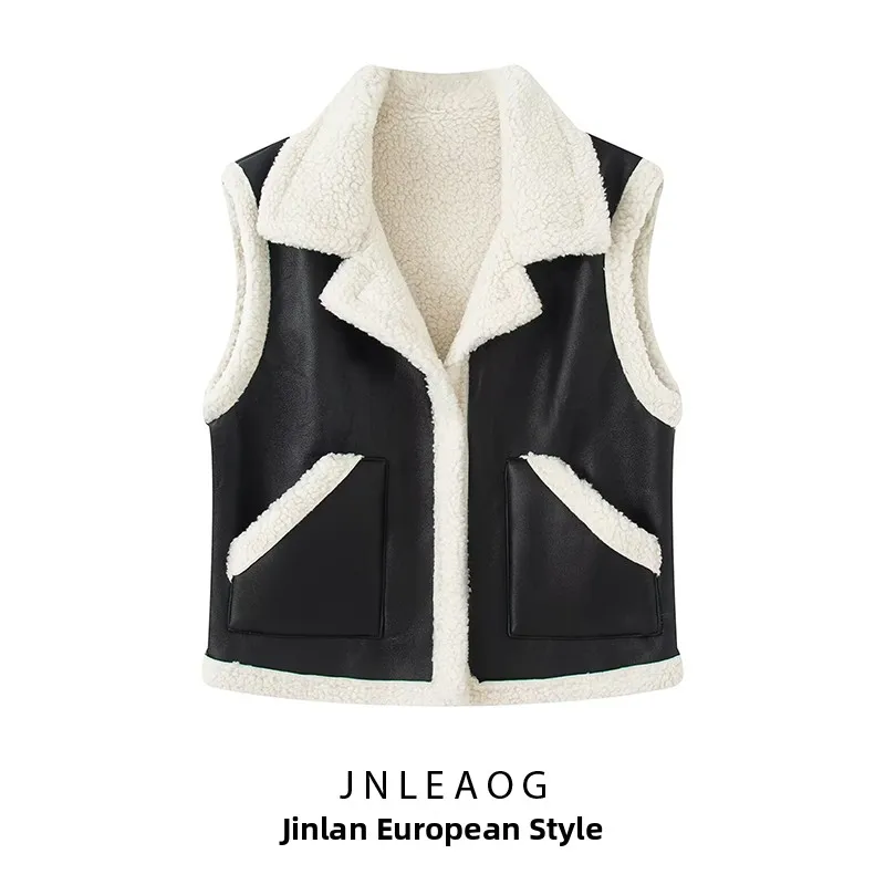 

Модный осенний новый женский жилет из кожи и меха на подкладке JNLEAOG круглый Ne без пуговиц из полиэфирного волокна Che с узором