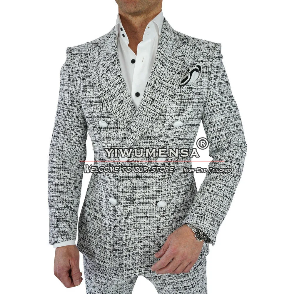 Ternos masculinos de lã Tweed, slim fit, jaqueta dupla, calças masculinas, smalking de casamento do noivo, casaco à medida, 2 PCs