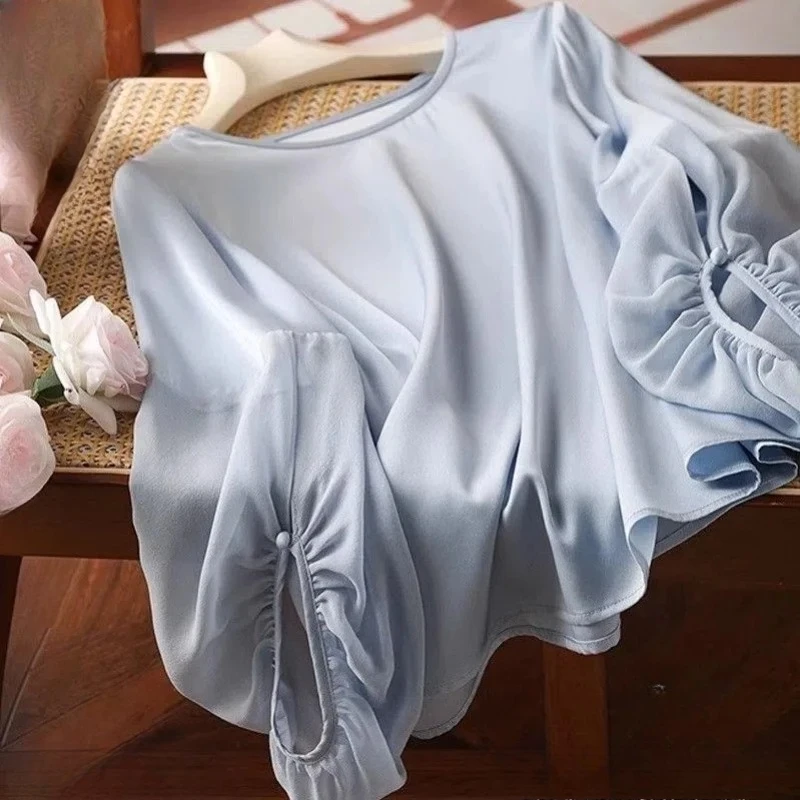 

Новая летняя женская блузка из тонкого шифона: свободный крой, однотонная, универсальная, винтажная, модная, повседневная