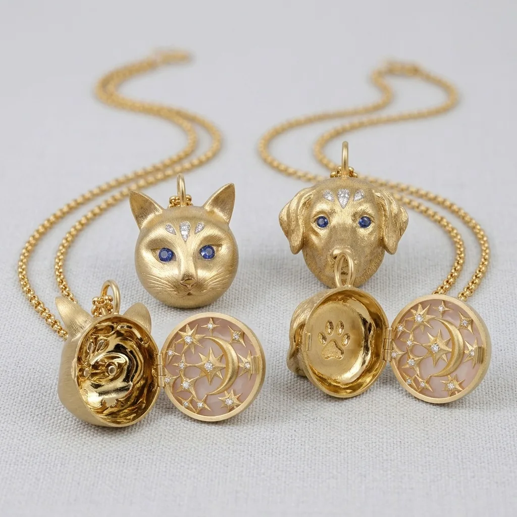 3d Openable Dog Cat Head Locket Pendant Necklace Gold Plated Brass Blue Gem Eyes Starry Moon Star Inner Pet Memorial Long Chain