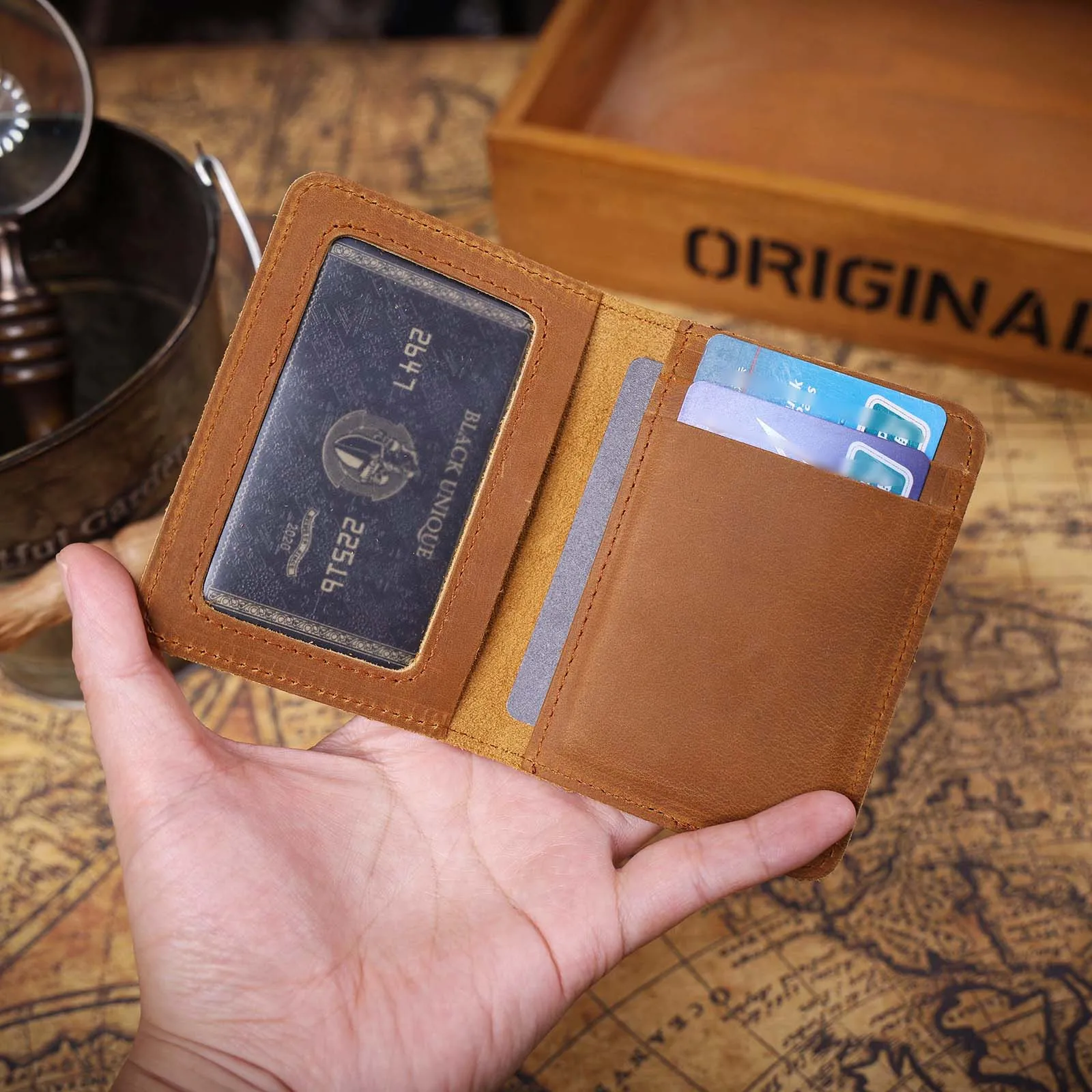 Echtleder-Kartenetui, einfache Mini-Geldbörse von Crzay House Leather, perfekt zum Tragen von Bargeld und Karten – Detail 21