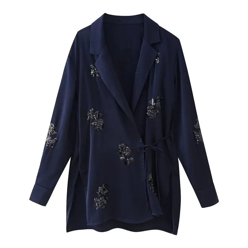 Silk Satin Women's Suit Jacket with Shawl Collar And Bead Decoration mid Waist Long Pants Fashionable Workwear for 25-35 Year...