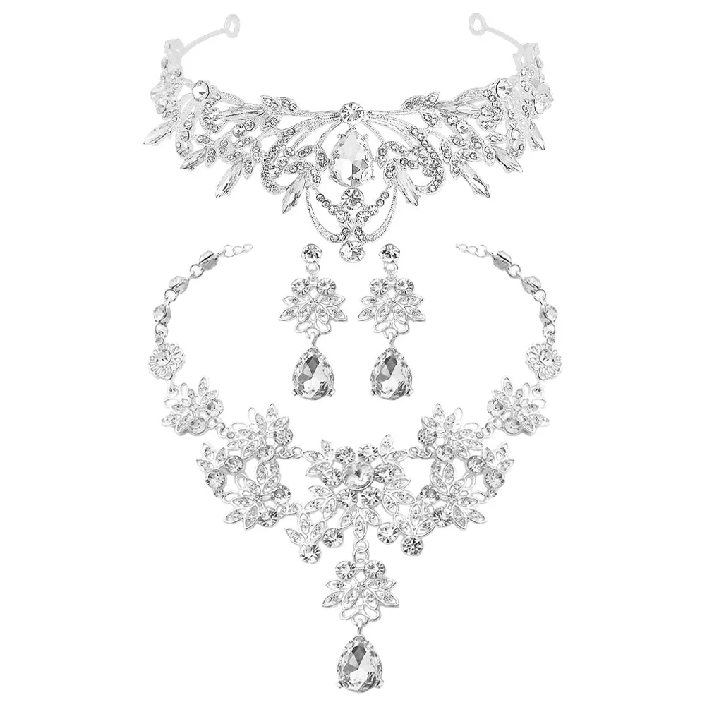 

1 set Bridal Jewelry Set Crown Necklace Rhinestone Earrings Wedding Party Gift Women Girls Tiara Dangle Earrings Set For